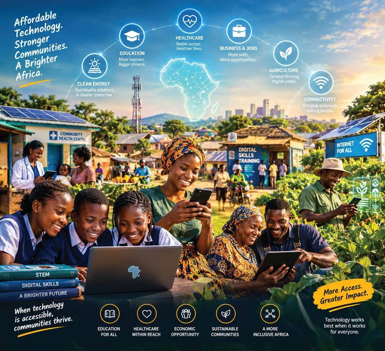 Illustration: affordable technology supporting education, health, business, agriculture, clean energy and connectivity